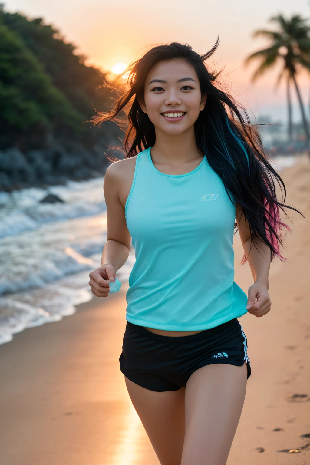 arafed woman with black hair with blue highlights jogging on the beach, flowing  black hair with deep blue high lights, with  black hair and blue high lights, photo of a beautiful woman, long flowing  black hair, pink golden hour, curly pink hair, beautiful young asian woman, beautiful asian woman, wild ginger hair, pink wispy hair, light pink hair, a young asian woman, an asian woman, infp young woman, full body photo of a 24-year-old french girl in RAW UHD format (Black-eyed woman) run down the beach, Details (textures! , Hair! , glistering, Color!! , imperfections: 1.1), highly detailed glossy eyes (looking at the camera), DSLR Lighting, SLR camera, Ultra-Quality, sharpness, Depth of field, Film grain (Downtown), Fujifilm XT3, Crystal clear, Frame Center, beatiful face, sharp-focus, , neon lighting, bokeh (lit), day time, (open sky), detailed skin pores, oilly skin, suntan, Complex eye details, ((smiling)), ((long distance)), ((full body)), ((jogging clothes)), (beautiful hands)