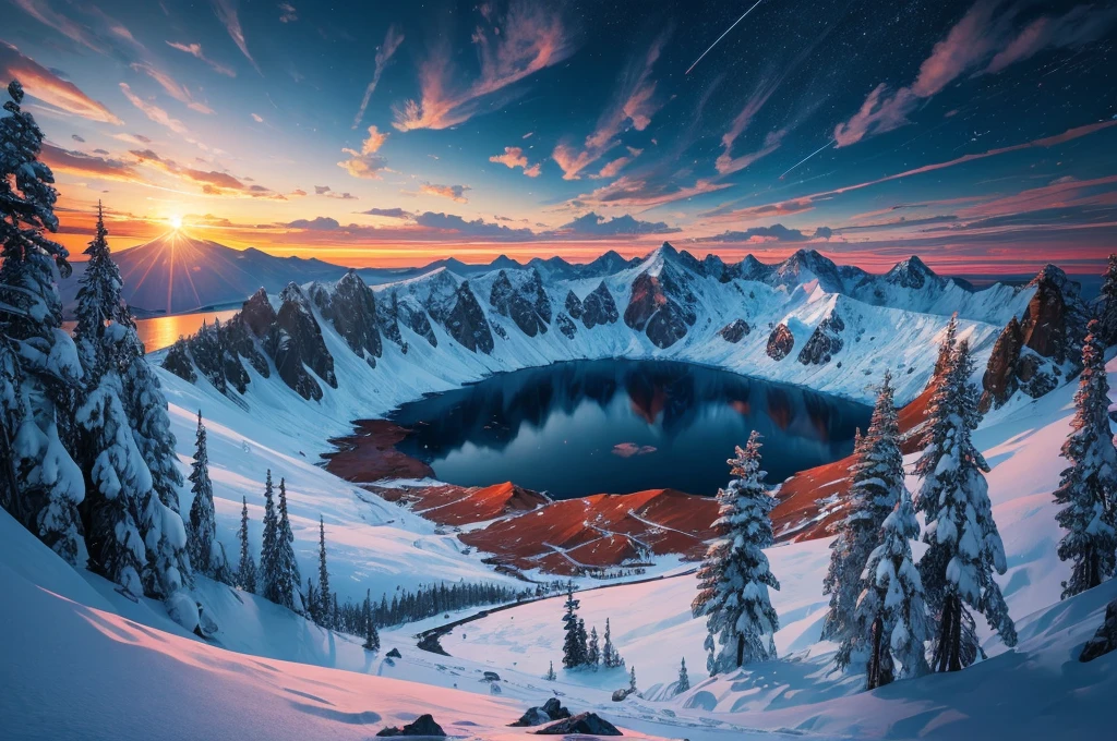 realistic,photorealistic,photo-realistic:1.37,best quality,4k,8k,highres,masterpiece:1.2,ultra-detailed,HDR,UHD,studio lighting,ultra-fine painting,sharp focus,physically-based rendering,extreme detail description,professional,vivid colors,bokeh,landscape,mountains,nature,Mount Baikal,crater lake,Korean flag,Taegukgi,dramatic lighting,epic,cinematic