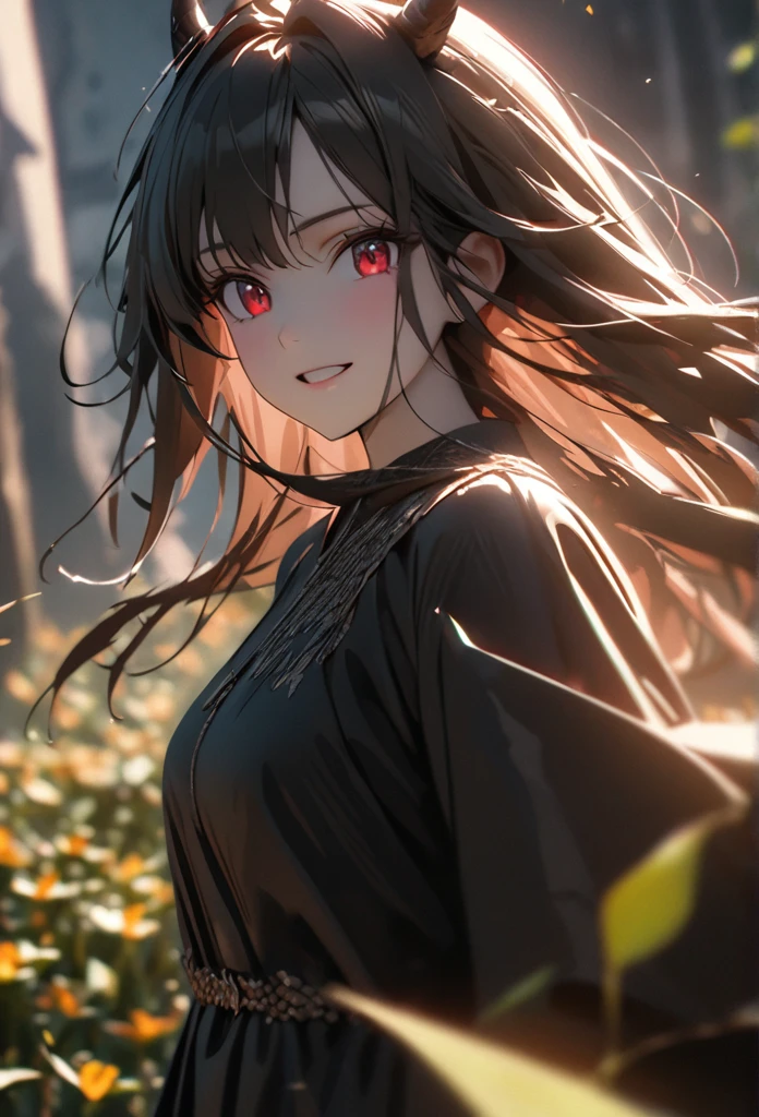 (solo), a , , black hair, messy hair, mane hair, long hair, dense hair, wild hair, expressive hair, pale skin, red eyes, ((woman)), wearing a black dress, black demon horns,, dragon scales on her arms, happy, beautiful, attractive, laughing, eye reflection, depth of field, thunder aura,cinematic lighting, ray tracing, depth of field, cinematic lighting, ray tracing, UHD, high details, best quality, highres, high quality, award winning, super detail, masterpiece, 8k, UHD, high details, best quality, highres, high quality, award winning, super detail, masterpiece, 8k, digital art, anime coloring, body shot, good face, perfect face, detailed face, good eyes, in a flower field.