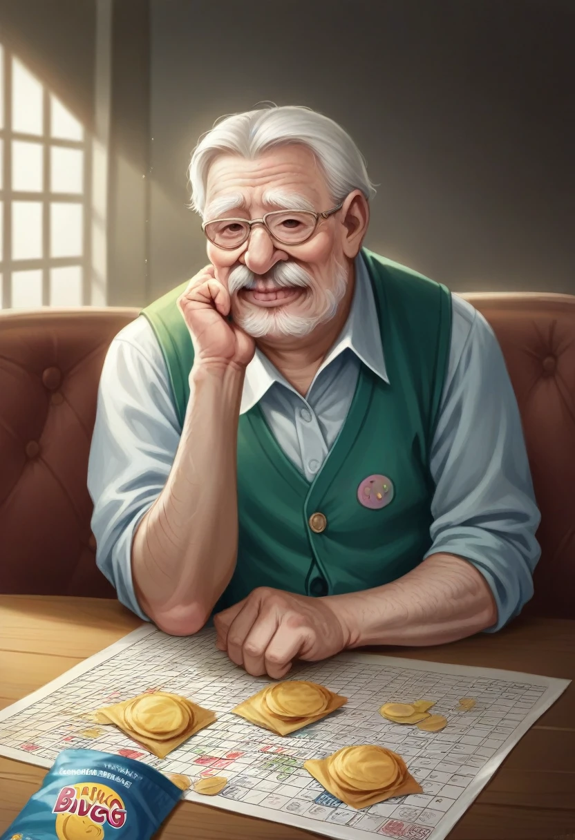A weathered old man playing bingo, elderly man in a bingo hall, detailed wrinkled face, expressive eyes, focused expression, sitting at a table playing bingo, bingo cards and chips on the table, dimly lit bingo hall interior, warm lighting, muted color tones, cinematic composition, masterpiece, hyper realistic, 8k, high quality, intricate details, photorealistic
