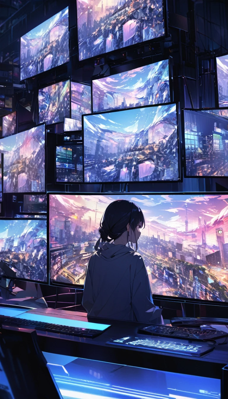 Art in Art、Conceptual Installation Pop Art、Highest quality、Ultra high definition、16K、2.5D、Delicate and dynamic depiction、On the display monitor、People and streetscapes are projected onto the monitor screen、Dark Venue、Near future city、Tokyo
