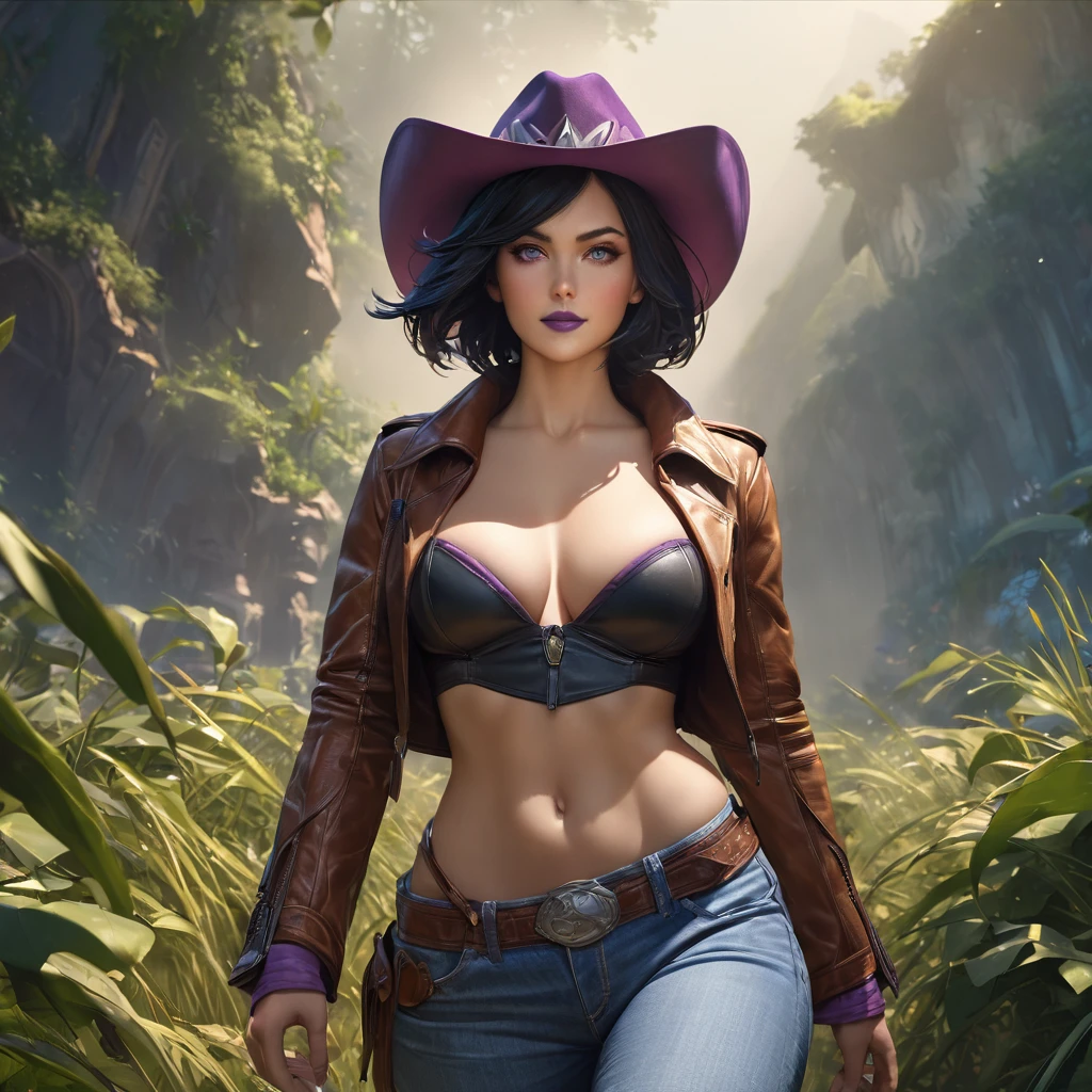 (best quality,4k,8k,highres,masterpiece:1.2), ultra-detailed, (realistic,photorealistic,photo-realistic:1.37),(Numerous award-winning masterpieces, incredibly detailed and textured, maximal resolution and clarity), (Hyper-realistic:1.4), (Realistic:1.3), super quality, beautiful detail, super detailed, extra fine, 16K, exquisite, absurd, high resolution, masters of the universe, (best quality,4k,8k,highres,masterpiece, colorful, vibrant colors:1.2) ,
a female gunslinger with ((golden eyes)). She wears a brown leather jacket with sleeves rolled up, a purple cowboy hat, purple bustier and blue jeans., 1woman , curvy, slim waist. ((black hair)), short hair,, gold eyes. (detailed eyes, detailed face), smile, purple lips. Square jaw, full cheeks, strong jaw line.
Show her wading through tall grass (confidently walking, determined stride:1.1),
Eternia background, multicolor sky, 3 moons in the sky, multiple moons.in a thick dark jungle, vines, purple trees, blue leaves. dramatic shadows.