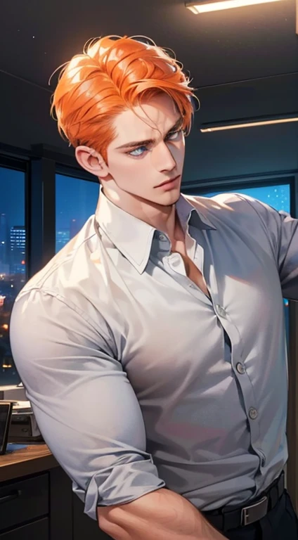 (best quality, masterpiece, 8K, photorealistic, cinematic lighting, hdr image, ultra detailed, beautiful image), 1 man, 31 years old, mature man, very handsome, (without expression, serious), short orange hair, blue grey eyes ( penetrating gaze), perfect face without errors, imposing posture, without errors, businessman, office background