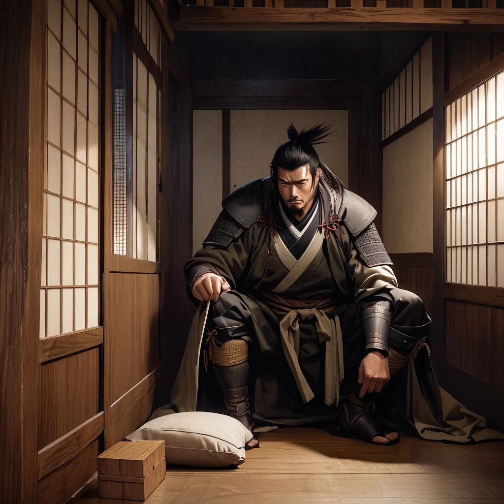 Date Masamune interrogating a captured samurai, tense atmosphere, traditional Japanese castle interior, realistic style"