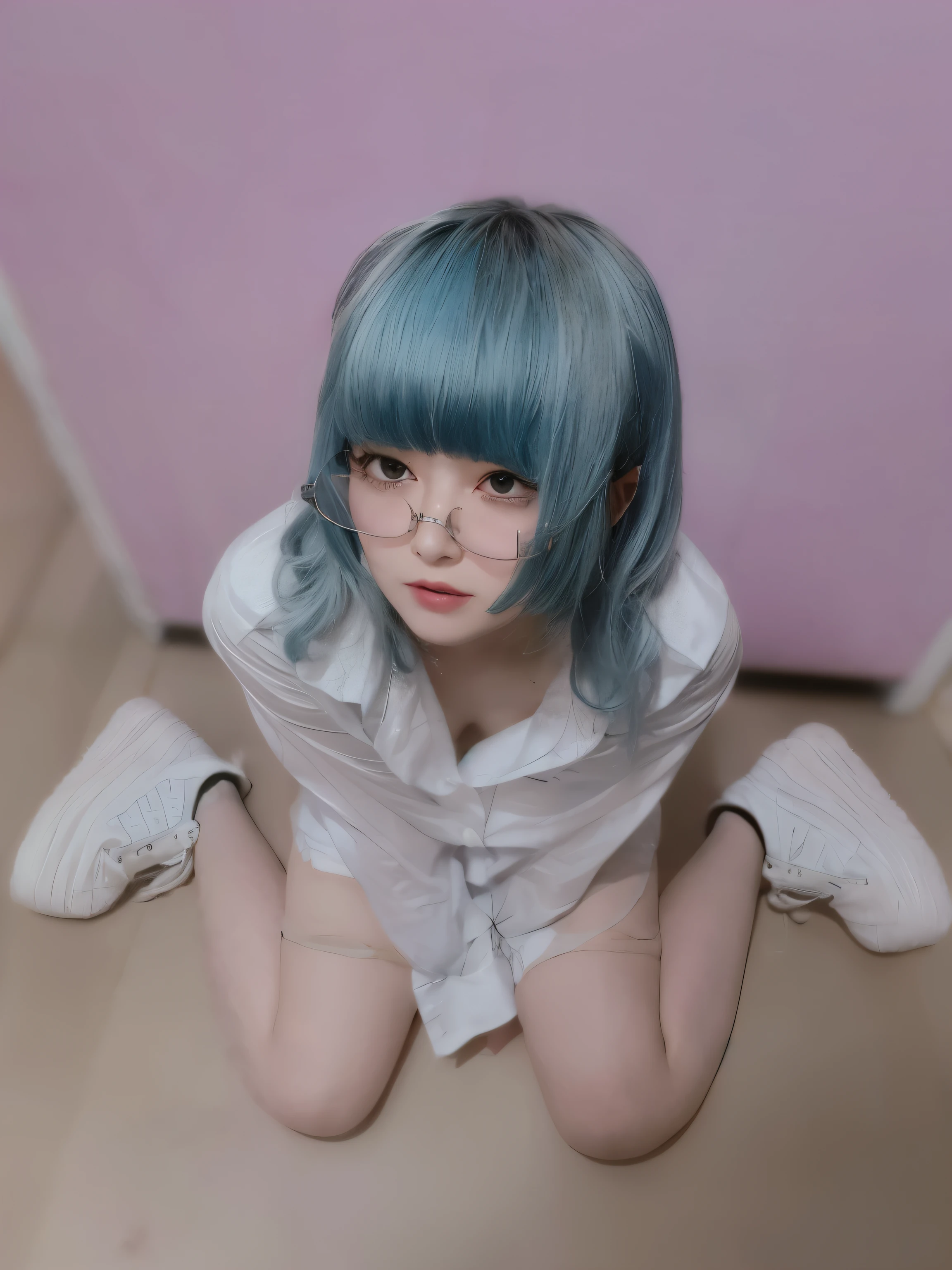 A girl with her shirt open, exposing her breasts　Wolf with glasses and light blue hair