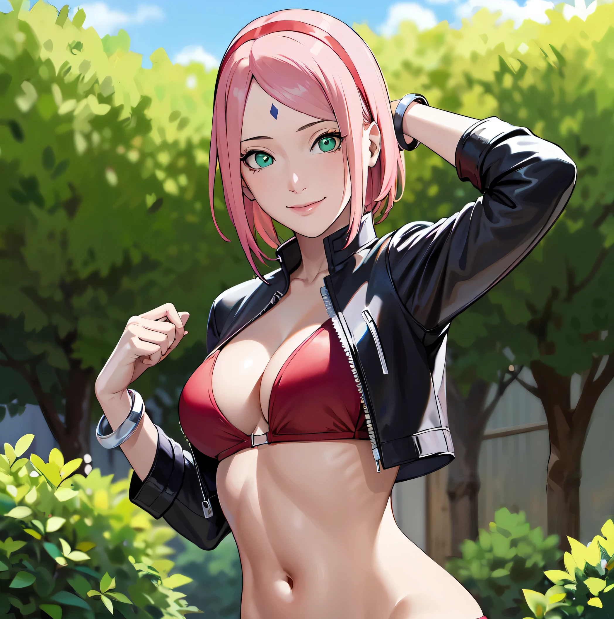 masterpiece, best quality,sharpest,absurd ,1 Girl, Sakura Haruno,Forehead Mark, Red hair band,, bracelet, Looking at the audience, (Put your hands behind your head:1.1), Smile,, Medium to large breasts,Standing in the garden,Put your hands behind your back,close up,Upper body only ,Open leather jacket,Bikini