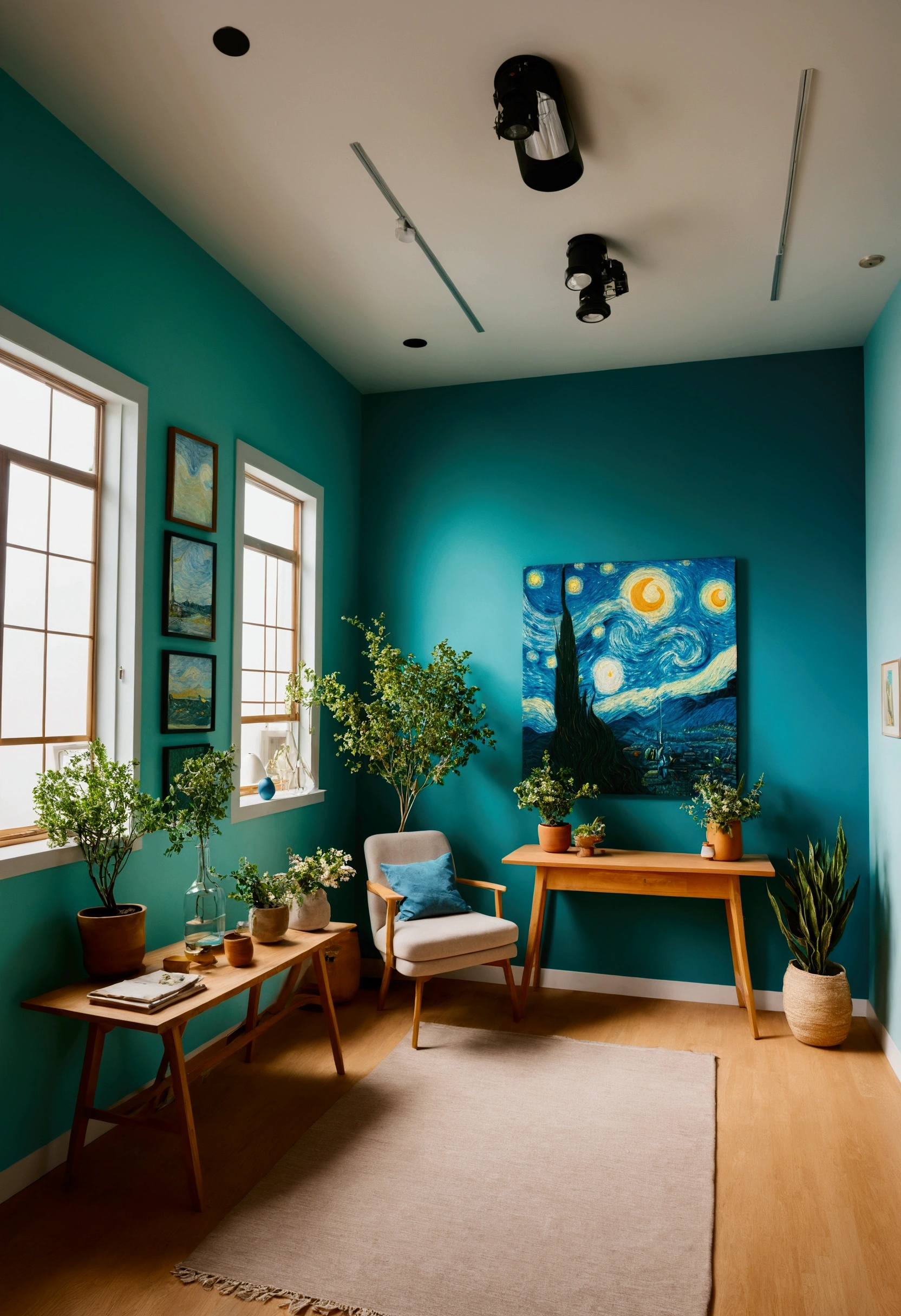 A modern space with fresh Van Gogh-esque colors、Shooting with a wide-angle lens、A space filled with light