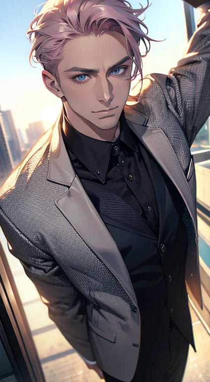 (best quality,4k,8k,highres,masterpiece:1.2),ultra-detailed,(realistic,photorealistic,photo-realistic:1.37),1 man,31 years old,mature man,very handsome,without expression,smile,short grey pink hair,blue eyes,penetrating gaze,perfect face without errors,imposing posture,businessman,office background,cinematic lighting,hdr image