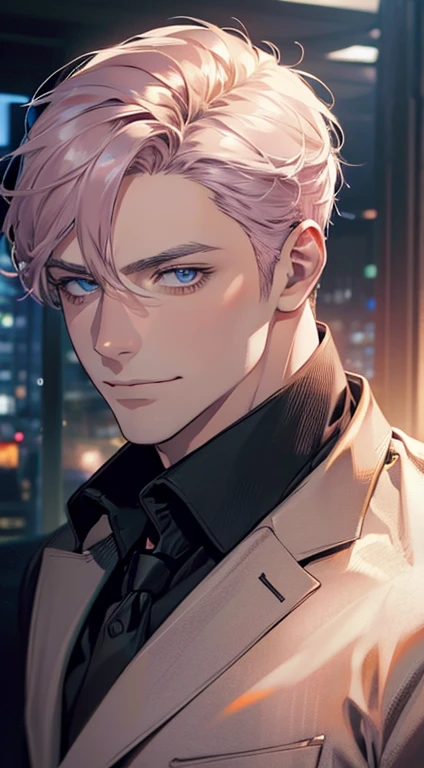 (best quality,4k,8k,highres,masterpiece:1.2),ultra-detailed,(realistic,photorealistic,photo-realistic:1.37),1 man,31 years old,mature man,very handsome,without expression,smile,short grey pink hair,blue eyes,penetrating gaze,perfect face without errors,imposing posture,businessman,office background,cinematic lighting,hdr image