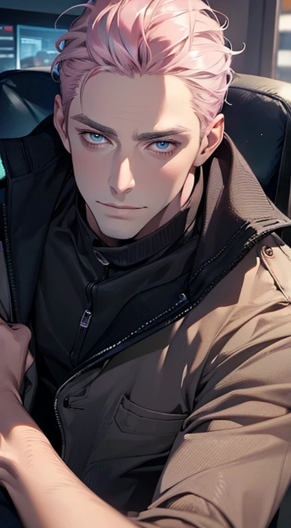 (best quality,4k,8k,highres,masterpiece:1.2),ultra-detailed,(realistic,photorealistic,photo-realistic:1.37),1 man,31 years old,mature man,very handsome,without expression,smile,short grey pink hair,blue eyes,penetrating gaze,perfect face without errors,imposing posture,businessman,office background,cinematic lighting,hdr image