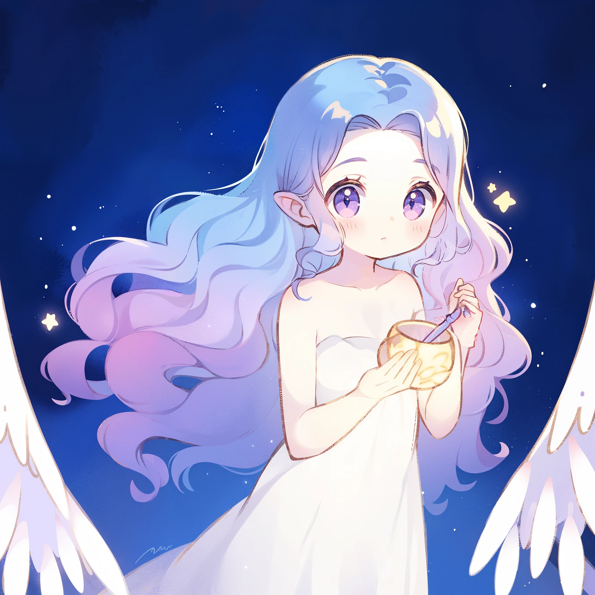 nude angel girl wearing an ethereal translucent dress, pale skin, ((wavy gradient blue purple hair)), white feathers, angel wings, sparkling detailed eyes, golden ratio face, perfect composition, highly detailed, ethereal, (starry night sky background), midjourney style