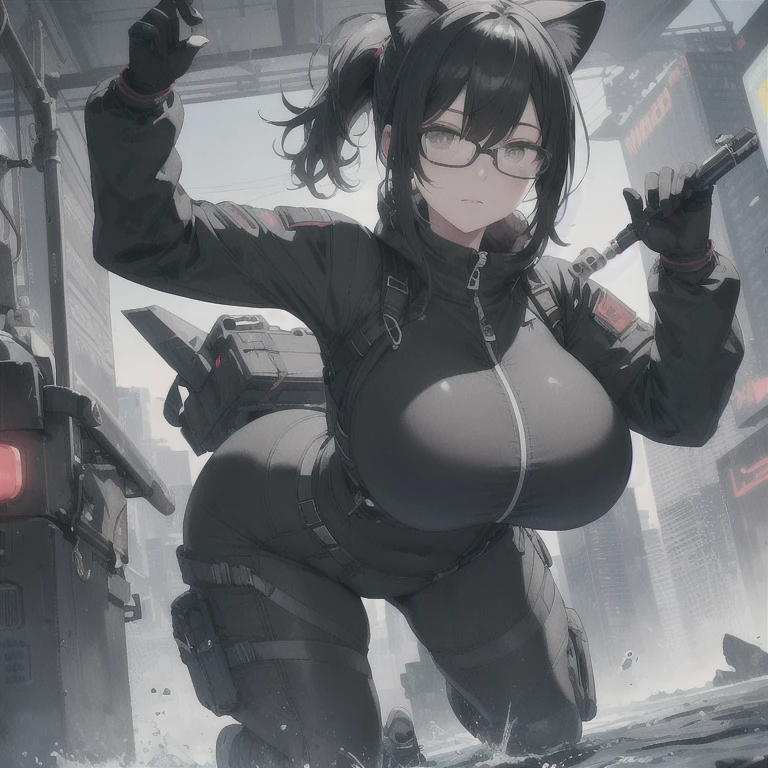 Absurd resolution,high resolution,(masterpiece: 1.4),hyper-detail,fullbody shot,head to toe,full frontal camera perspective,solo,shorter,A-Pose,glasses,kemono feline cat futanari,no skin other than neck and head shown,watertight environmental suit,black hair,messy ponytail,cute face,detailed soft grey luminous eyes,huge massive hyper super swollen heavy milky breasts,breasts so big that cover her whole torso and are bigger than her head while being so big they reach her bellybutton,extremely super large swollen perky heavy bust,super huge enormously gigantic tits,gigantic breasts stretching/straining out of her outfit looking like they are about to burst out,breasts compressed squishing barely contained in outfit,inflated breasts,breast_expansion,super gigantic swollen heavy tits,wide full hips,narrower torso and shoulders,smaller torso,narrower waist,full thicc big soft thighs,thicc big full thighs,big rounded full soft butt,thicc butt,ruggedized utility styled outfit,fully insulated suit,full body outfit coverage with no skin showing or revealed,airtight/watertight zippers and seals,scifi monochrome black and grey fullbody covering protective padding rugged loose-fitted pilot utility suit with strategically placed protective padding,white watertight zipper utility cropped top for breasts support with a black strap horizontal across cleavage worn on top of suit,tactical strategic angular-patterned protective padding on hips and thighs and abdomen,practical/functional clothing,weather-proof durable clothing material,nylon clothing material,custom made clothing to fit and support large breasts,scifi padded rugged rigid high collar cropped cutout fitted techwear jacket,armored high collar,white and black triangular decals and techwear iconography on apparel and clothing,techwear gloves,ruggedized tech,ruggedized tech aesthetic,fitted utility pants,utility chaps,near future scifi,cyberpunk aesthetic,anime aesthetic,tactical aesthetic,nasapunk apparel,death stranding