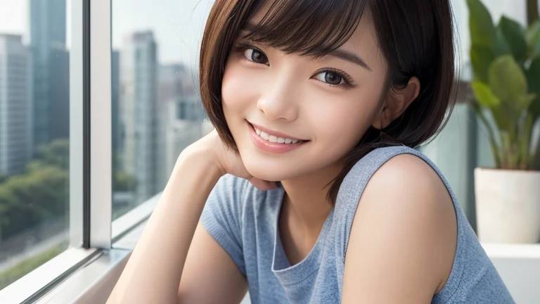 Produce the highest quality and highest resolution 8K images。Please draw the upper body of a 20 year old Japanese woman.。Please draw an image of you relaxing on your balcony at home on a holiday.。She has brown eyes and a model-like figure、She has an idol-level cute face.。Hair is bob cut。The skin is、It is a natural skin color。she、Looking at you with a smile。