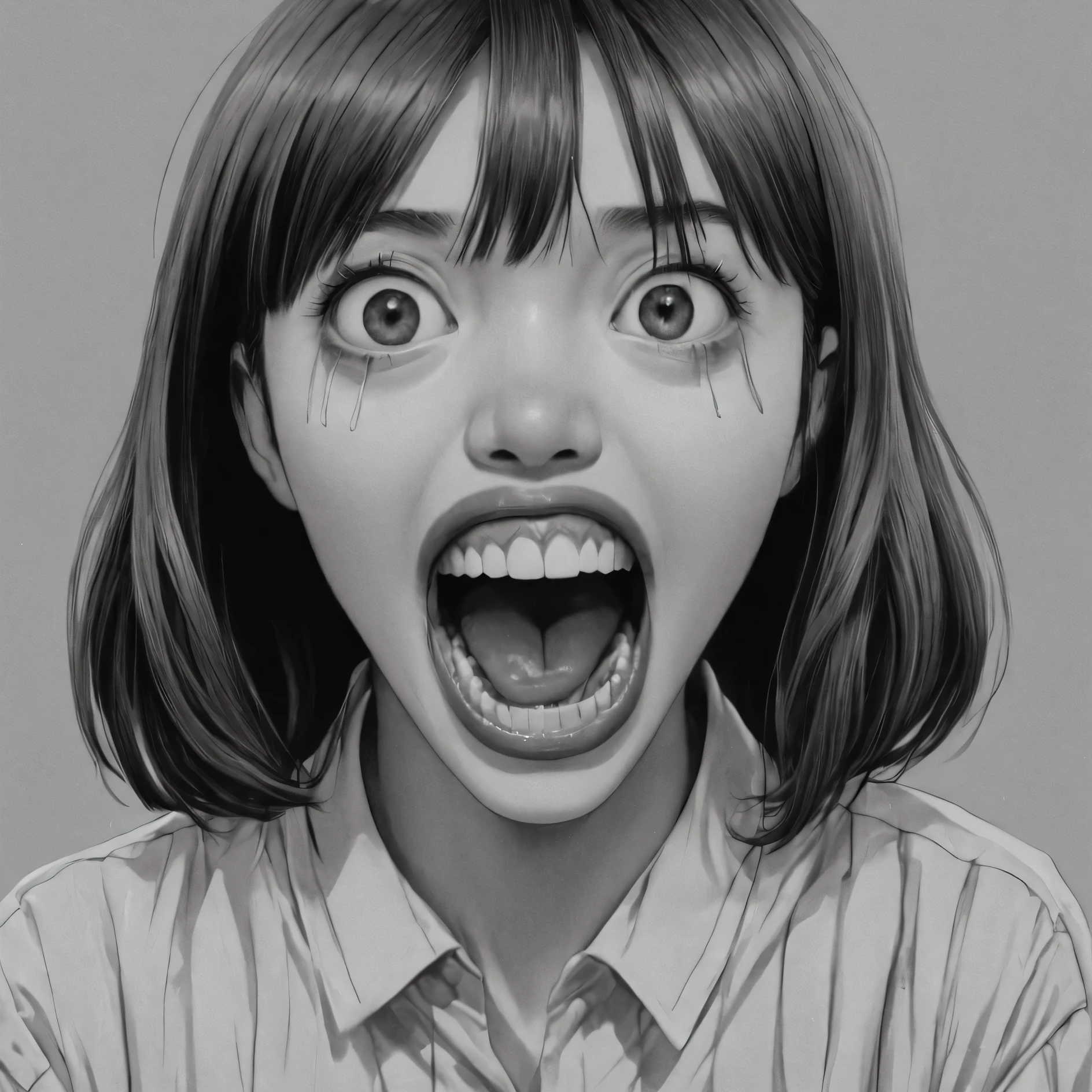 Woman with a big mouth, (anime), strange scenario, This is Junji, Yusuke Murata, Black and White, 8k, anime, Horror