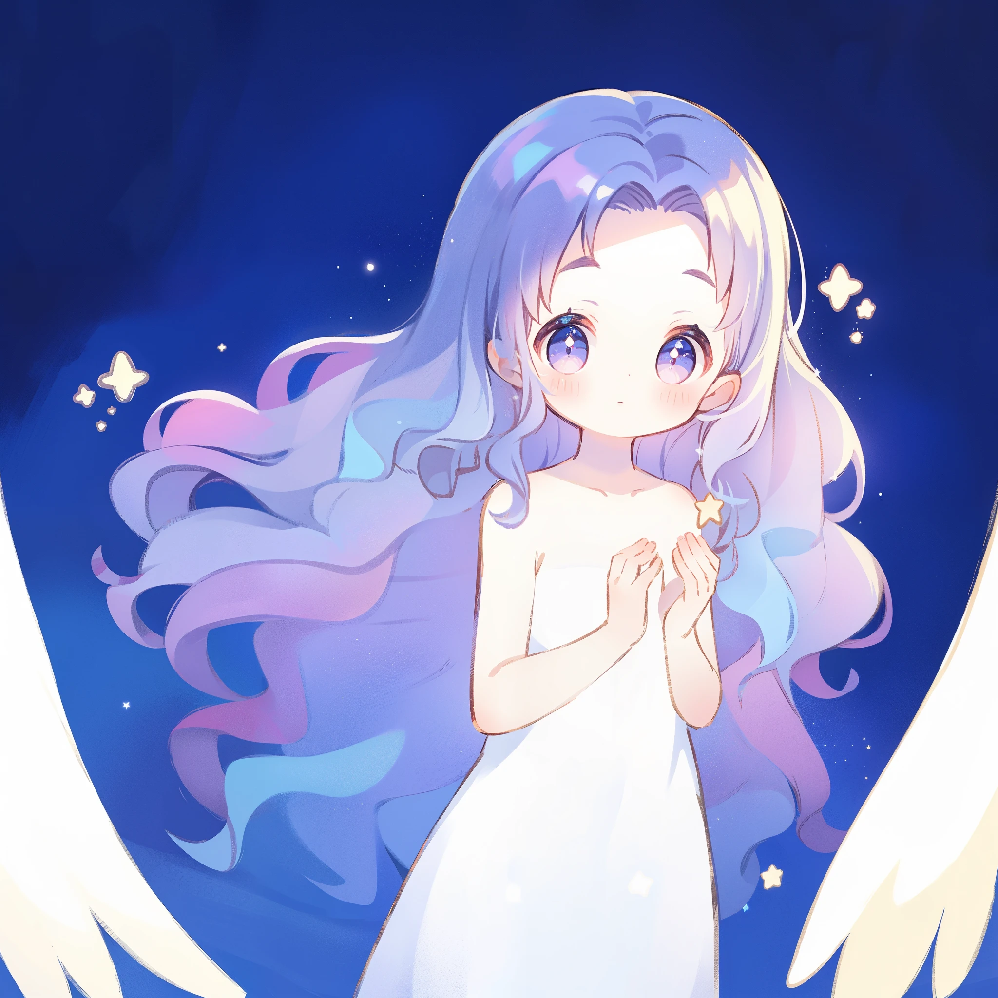 nude angel girl wearing an ethereal translucent dress, pale skin, ((wavy gradient blue purple hair)), white feathers, angel wings, sparkling detailed eyes, golden ratio face, perfect composition, highly detailed, ethereal, (starry night sky background), midjourney style