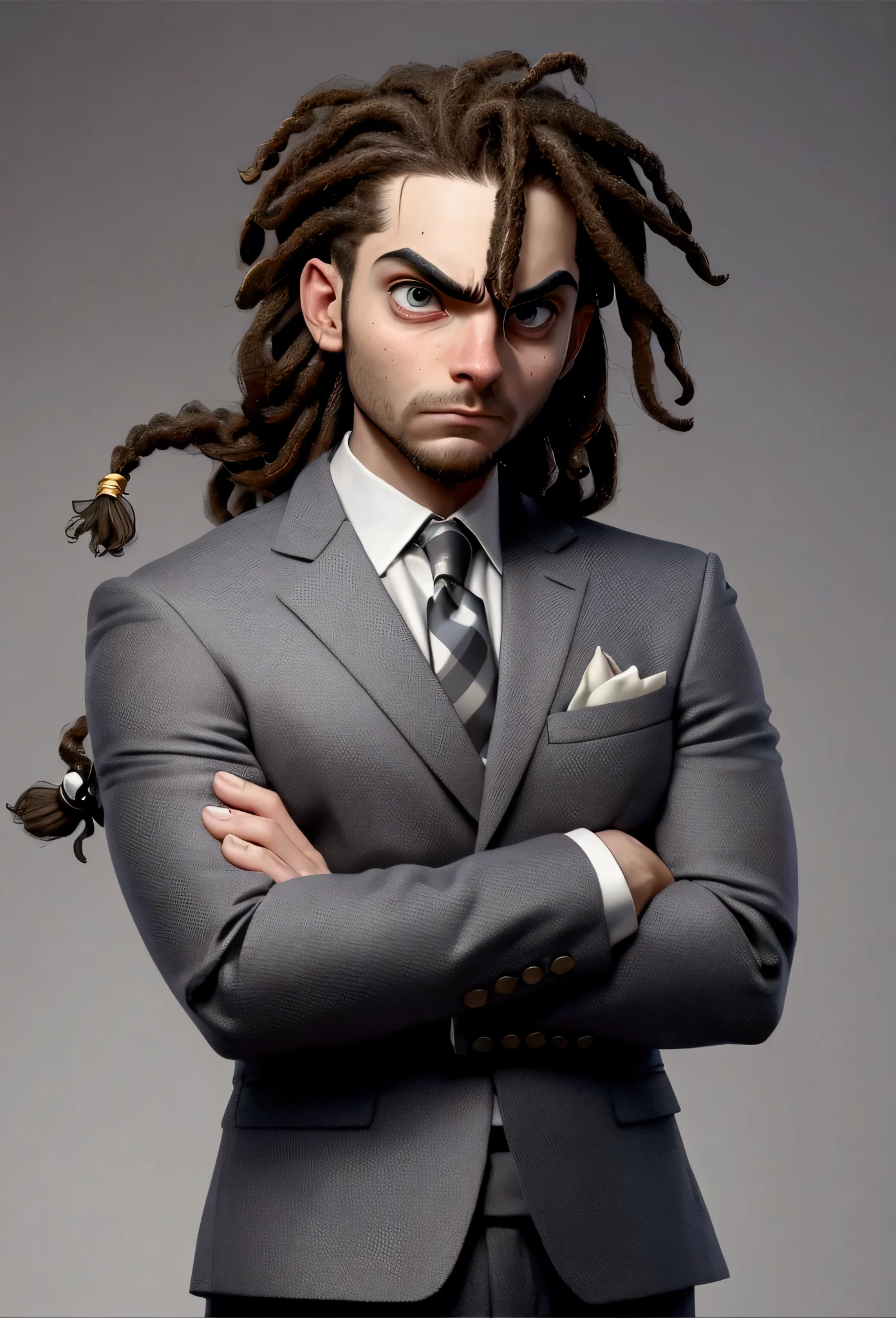 The man in the image has an expression of obvious anxiety. His eyes are wide, showing worry and uncertainty. Your eyebrows are raised and arched, accentuating the expression of anguish. Your mouth is slightly open and your lips are tense, indicating nervousness. O cabelo estilo dreadlock, combined with a gray suit, creates an interesting contrast between an alternative look and a possibly formal or stressful situation. His posture also suggests discomfort, with shoulders slightly raised and neck stretched, as if you were dealing with a situation of high pressure or tension.