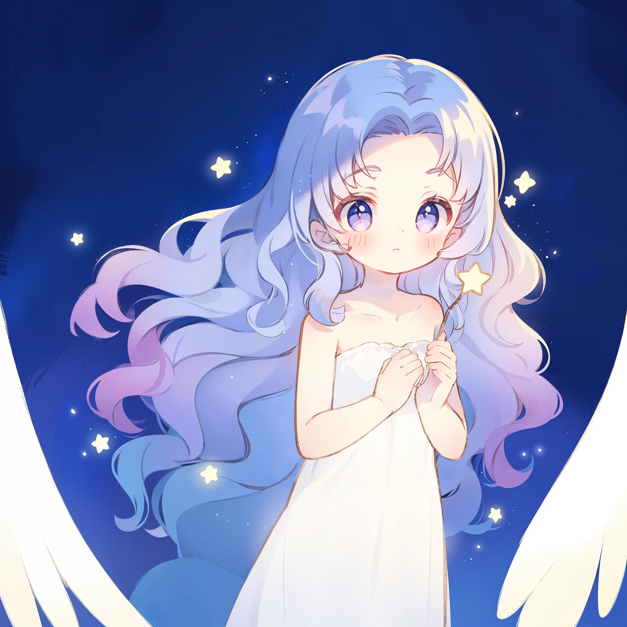 nude angel girl wearing an ethereal translucent dress, pale skin, ((blue mint wavy hair)), white feathers, angel wings, sparkling detailed eyes, golden ratio face, perfect composition, highly detailed, ethereal, (starry night sky background), midjourney style