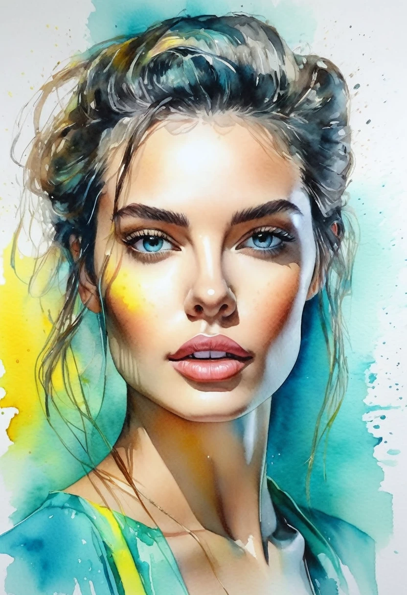 watercolor painting of a beautiful woman in a neon, High detail, portrait, light studio, colorful, high precision, strong, classic, water color ink, yellow and turquoise, ultra clear