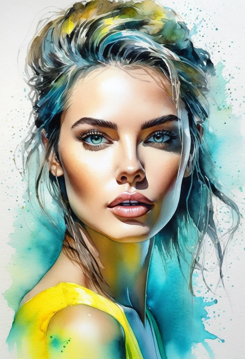 watercolor painting of a beautiful woman in a neon, High detail, portrait, light studio, colorful, high precision, strong, classic, water color ink, yellow and turquoise, ultra clear