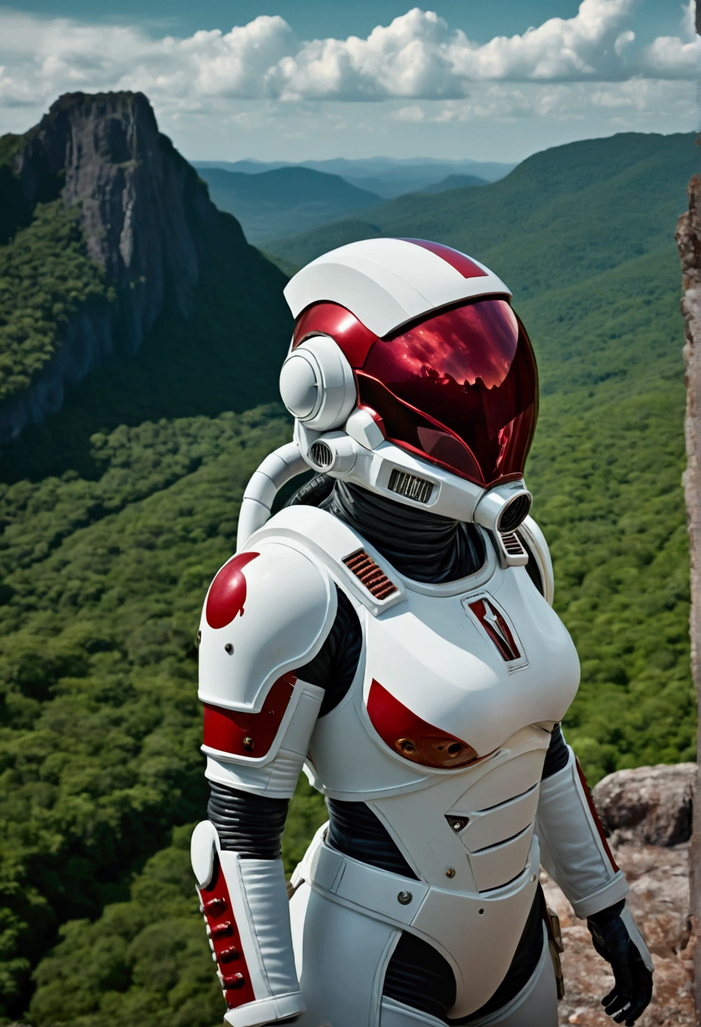 (35mmstyle:1.2), Highly detailed original color photos, Rear Angle, whole body, af (Female space marine, Wearing a white and red spacesuit, Futuristic helmet, Tin plated mask, Rebreathers, accentuated booty), Outdoor, (Stand on the cliffs of the tall Rocky Mountains, Gaze out over the magical lush green rainforest on an alien planet), Vivid details, (Alien Planet), Toned body, Big Ass, (sci-fi movie), (Mountains:1.1), (lush green vegetation), (two moons in sky:0.8), (Highly detailed, Ultra Detailed, Complex), (lens flare:0.7), (bloom:0.7), Particle Effects, Ray Tracing, Cinematic lighting, Shallow depth of field, photographed on a Sony a9 II, 35mm wide angle lens, Sharp focus, 《Gravity 2013》Stills, View from behind, Dynamic Angle