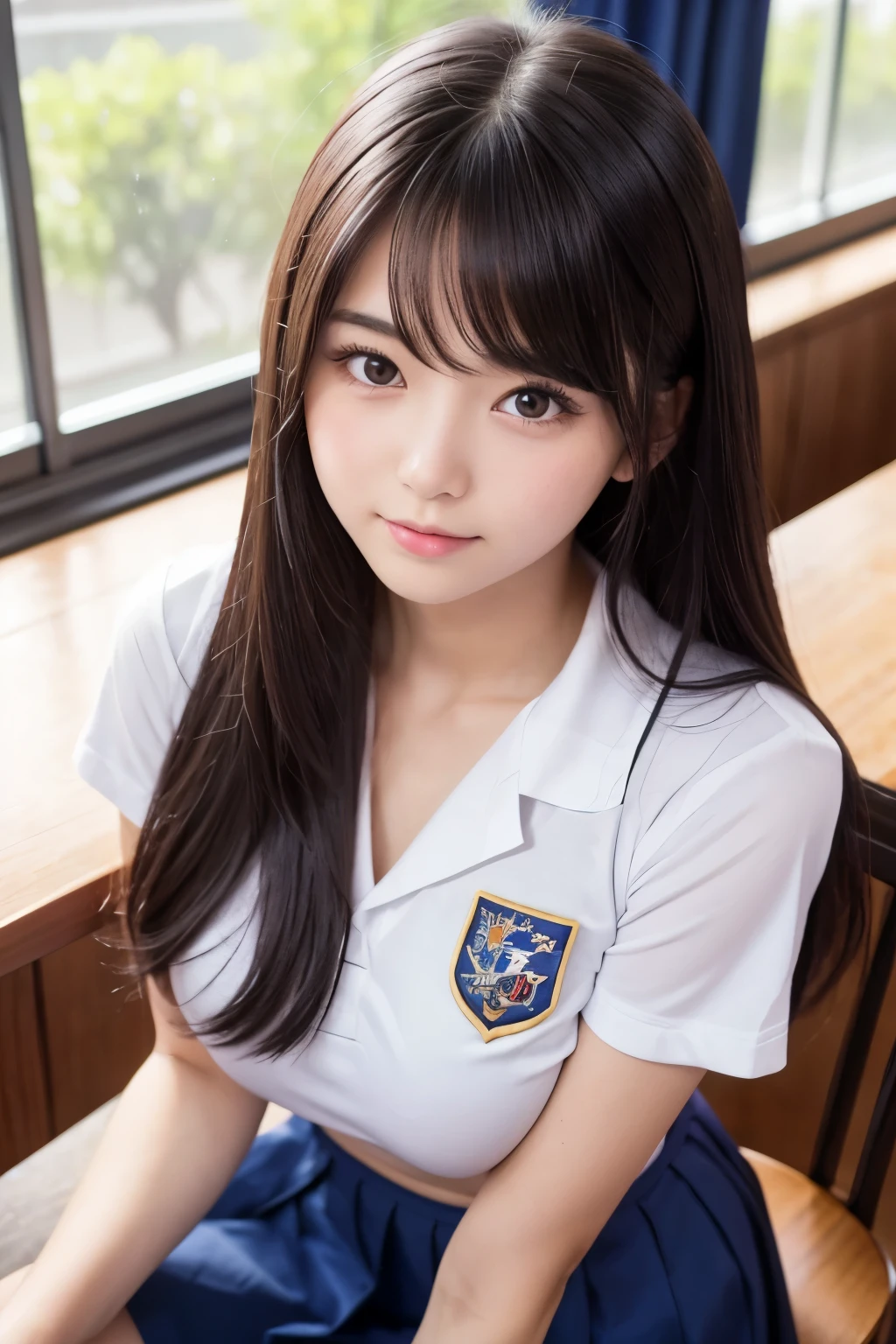 masterpiece:1.2,Highest quality),(Realistic、photoRealistic:1.4)、Beautiful illustrations、(Natural Side Lighting、Cinema Lighting)、Browsing Caution,
View your viewers、Face Focus、Upper Body、1 Girl、Japanese、high school girl、Perfect Face,Cute and symmetrical face、Shiny skin,
(Long Hair:1.5,Straight hair:1.4,Deep purplehair),Hair on one eye、Deep purple、Long eyelashes、(Large Breasts、Captivating thighs、Big Ass)、Nipple hardening、thin、Beautiful Hair、Beautiful Face、Beautiful attention to detail、Beautiful clavicle、Beautiful body、Beautiful breasts、Beautiful thighs、Beautiful feet、Beautiful fingers、
((Naval School Gym Uniform、Naval School Bulma))、(Beautiful views)、evening、(School classroom)、School desk、School Chair、window、curtain、blackboard、Are standing、(sad)