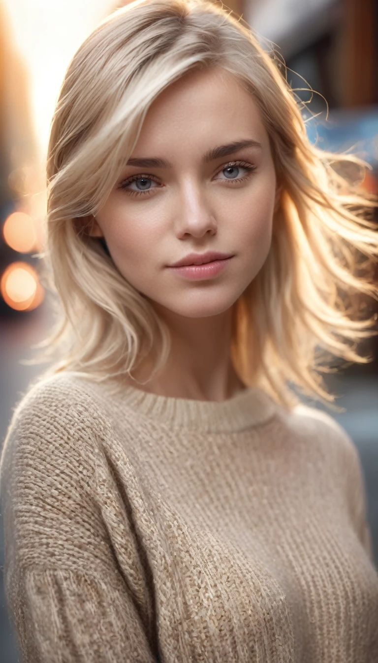 1girl, Close-up, (beautiful girl, make up), (Age 25), (happy, light blonde hair, lips, parted bangs, London, England, dusk:1.2), , HD, lens flare, cable knit sweater, pleated skirt, and loafers, looking at viewer, (RAW Photo, cg unity, photography, ultra realistic details, sharp focus, detailed skin,4k, high-res, masterpiece, best quality:1.1), (realistic, photo-realistic:1.37) (8k,4k, UHD, high resolution, professional, cinematic, movie, dramatic, noise), (detailed background:1.25), bokeh anamorphic depth of field blur background