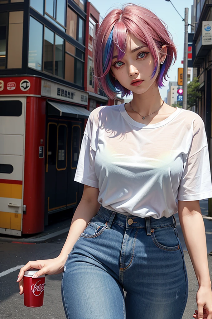 Firm breasts, rainbow hair, short hair, Rainbow straight hair, right blue eye, Red eye on left side, white transparent shirt,  jeans night city,  