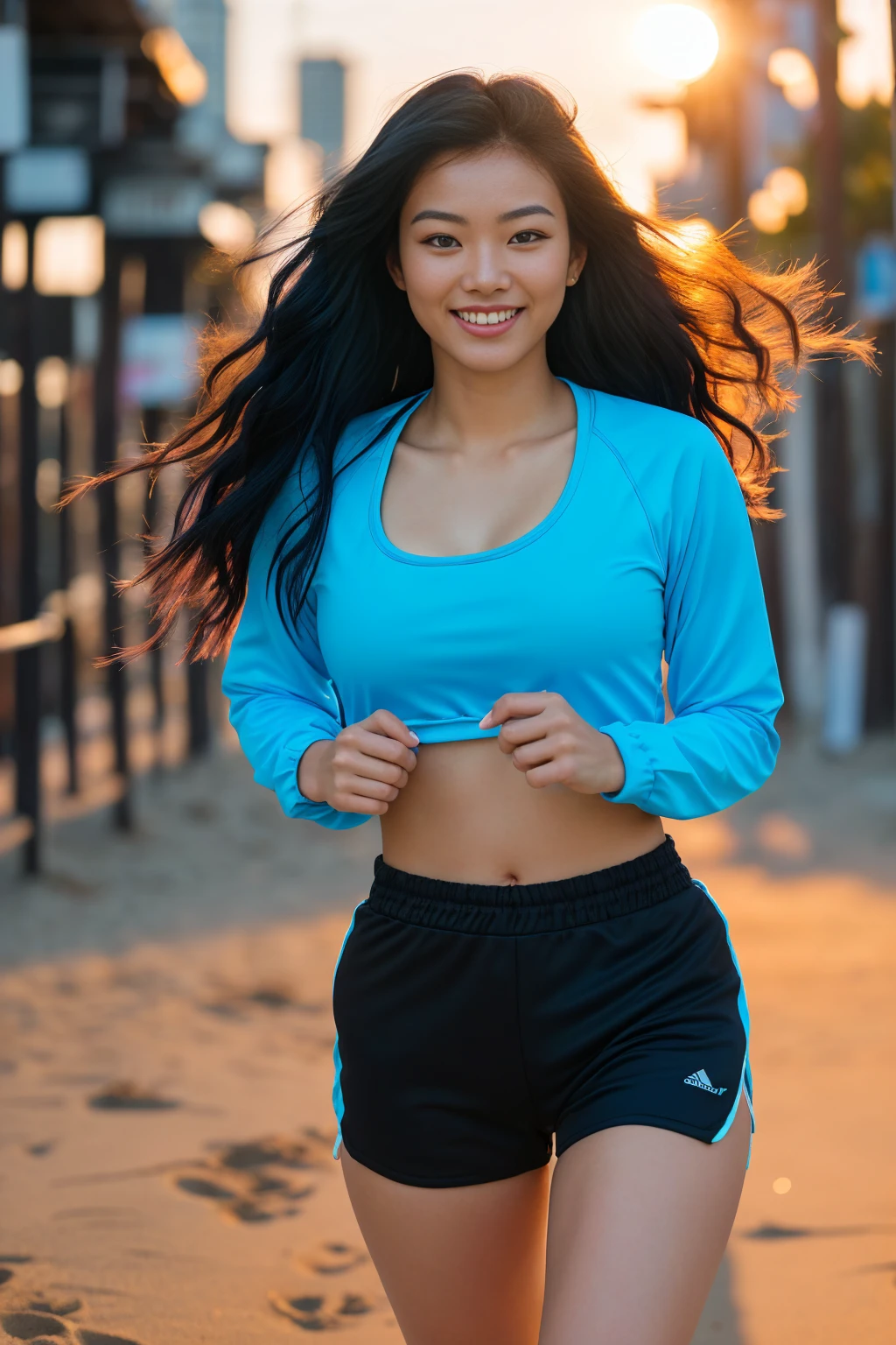 arafed woman with black hair with blue highlights jogging on the beach, flowing black hair with deep blue high lights, with black hair and blue high lights, photo of a beautiful woman, long flowing black hair, pink golden hour, curly pink hair, beautiful young asian woman, beautiful asian woman, wild ginger hair, pink wispy hair, light pink hair, a young asian woman, an asian woman, infp young woman, full body photo of a 24-year-old french girl in RAW UHD format (Black-eyed woman) run down the beach, Details (textures! , Hair! , glistering, Color!! , imperfections: 1.1), highly detailed glossy eyes (looking at the camera), DSLR Lighting, SLR camera, Ultra-Quality, sharpness, Depth of field, Film grain (Downtown), Fujifilm XT3, Crystal clear, Frame Center, beatiful face, sharp-focus, , neon lighting, bokeh (lit), day time, (open sky), detailed skin pores, oilly skin, suntan, Complex eye details, ((smiling)), ((long distance)), ((full body)), ((jogging clothes)), (beautiful elegant hands)