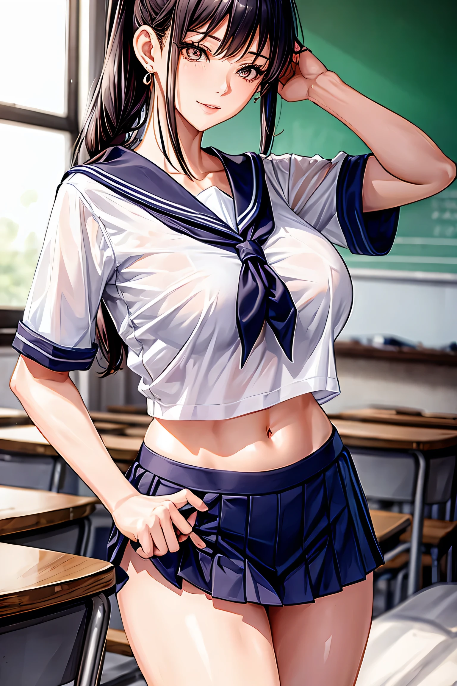 Makima (Chainsaw Man), woman, sexy woman, mature female, mommy, sharp eyes, detailed lips, big breast, short sleeves sailor uniform, sexy pose, classroom, teasing smile, seductive lips, adjusting hair, short skirt, hunter eyes, earrings , high pony tail , full body image