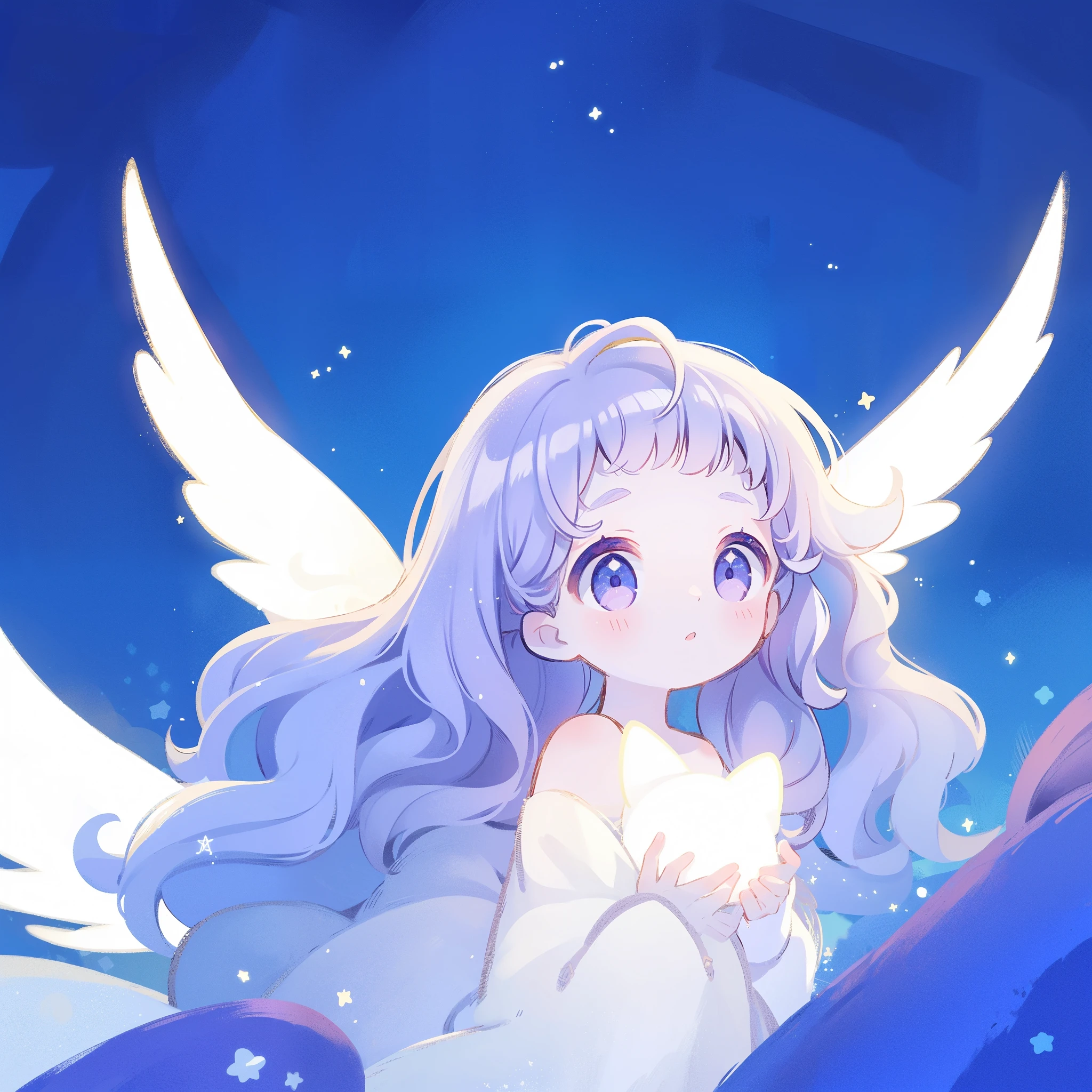 nude angel girl wearing an ethereal translucent dress, pale skin, ((wavy gradient blue purple hair)), white feathers, angel wings, sparkling detailed eyes, golden ratio face, perfect composition, highly detailed, ethereal, (starry night sky background), midjourney style