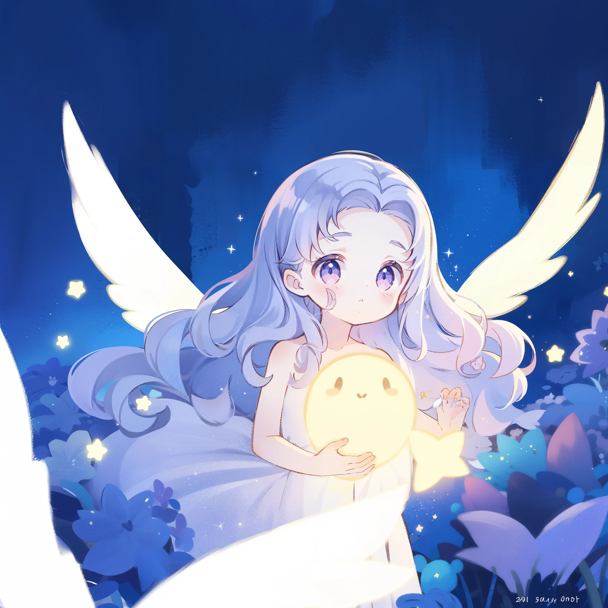 nude angel girl wearing an ethereal translucent dress, pale skin, ((wavy gradient blue purple hair)), white feathers, angel wings, sparkling detailed eyes, golden ratio face, perfect composition, highly detailed, ethereal, (starry night sky background), midjourney style