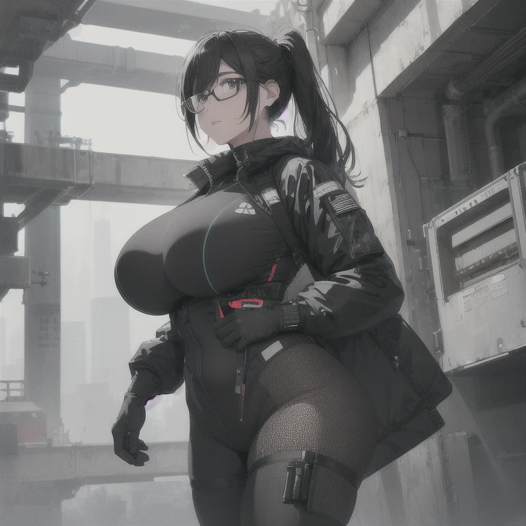 Absurd resolution,high resolution,(masterpiece: 1.4),hyper-detail,fullbody image,head to toe,reference camera perspective,solo,shorter,A-Posed,glasses,kemono feline cat futanari,no skin other than neck and head shown,watertight environmental suit,black hair,messy ponytail,cute face,detailed soft grey luminous eyes,huge massive hyper super swollen heavy milky breasts,breasts so big that cover her whole torso and are bigger than her head while being so big they reach her bellybutton,extremely super large swollen perky heavy bust,super huge enormously gigantic tits,gigantic breasts stretching/straining out of her outfit looking like they are about to burst out,breasts compressed squishing barely contained in outfit,inflated breasts,breast_expansion,super gigantic swollen heavy tits,wide full hips,narrower torso and shoulders,smaller torso,narrower waist,full thicc big soft thighs,thicc big full thighs,big rounded full soft butt,thicc butt,ruggedized utility styled outfit,fully insulated suit,full body outfit coverage with no skin showing or revealed,airtight/watertight zippers and seals,scifi monochrome black and grey fullbody covering protective padding rugged loose-fitted pilot utility suit with strategically placed protective padding,white watertight zipper utility cropped top for breasts support with a black strap horizontal across cleavage worn on top of suit,tactical strategic angular-patterned protective padding on hips and thighs and abdomen,practical/functional clothing,weather-proof durable clothing material,nylon clothing material,custom made clothing to fit and support large breasts,scifi padded rugged rigid high collar cropped cutout fitted techwear jacket,armored high collar,white and black triangular decals and techwear iconography on apparel and clothing,techwear gloves,ruggedized tech,ruggedized tech aesthetic,fitted utility pants,utility chaps,near future scifi,cyberpunk aesthetic,anime aesthetic,tactical aesthetic,nasapunk apparel,death stranding