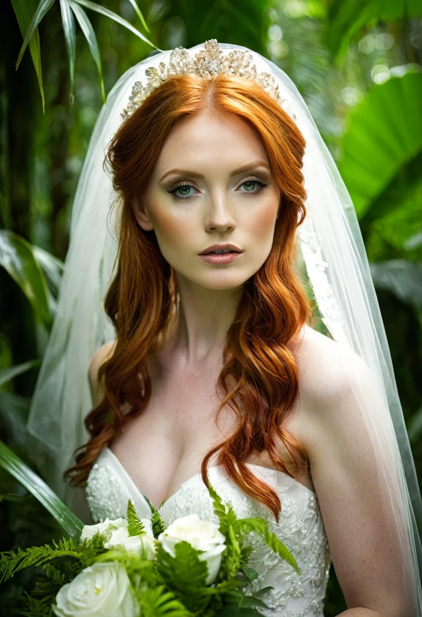 Sensual red hair bride in bridal lengirie lost in jungle