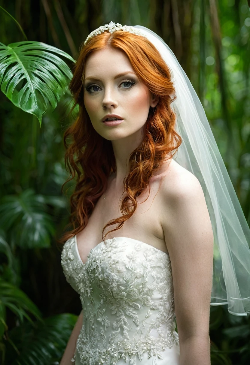 Sensual red hair bride in bridal lengirie lost in jungle