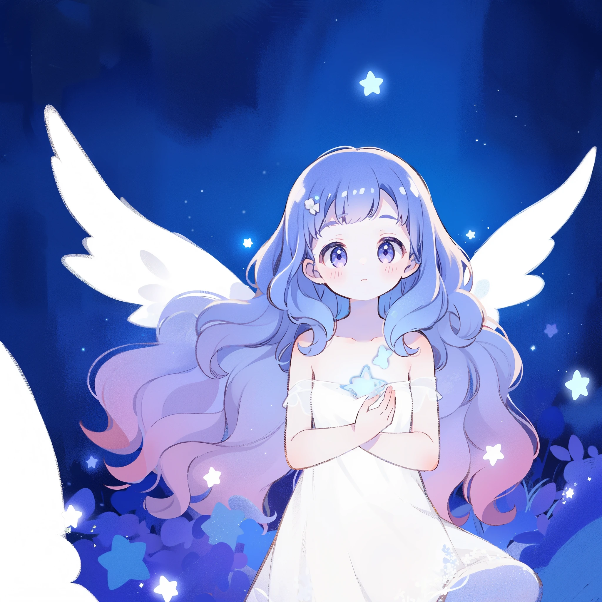 nude angel girl wearing an ethereal translucent dress, pale skin, ((wavy gradient blue purple hair)), white feathers, angel wings, sparkling detailed eyes, golden ratio face, perfect composition, highly detailed, ethereal, (starry night sky background), midjourney style