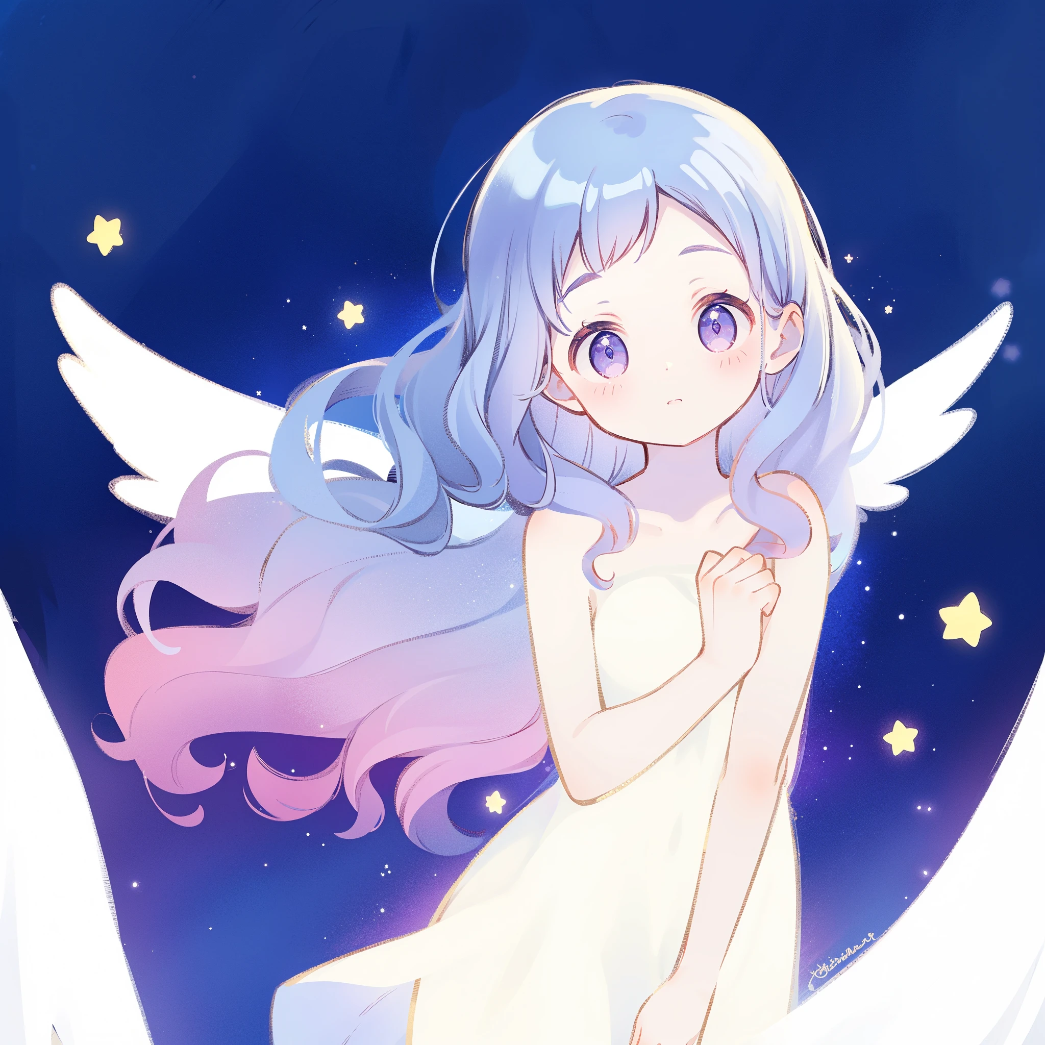 nude angel girl wearing an ethereal translucent dress, pale skin, ((wavy gradient blue purple hair)), white feathers, angel wings, sparkling detailed eyes, golden ratio face, perfect composition, highly detailed, ethereal, (starry night sky background), midjourney style