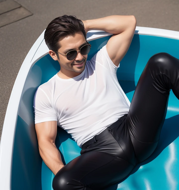 40 years old,One Man,Asian Faces、Black pants,Pool、Sit on a rubber boat with your legs wide apart、muscle、chest hair、pubic hair、Solid system、Sweat、Gay ,Very very short slicked back hair、Stubble,Handsome、The crotch area is bulging。The crotch area is bulging、pubic hair、smile、Brown Hair、Black sunglasses