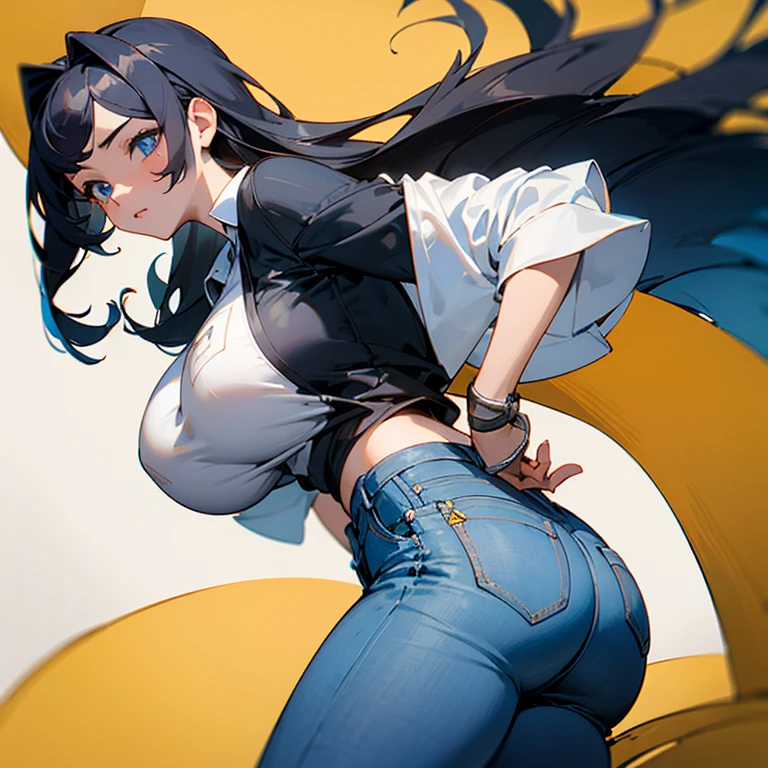 ((mejor calidad)) ((obra maestra)) beauty girl blue eyes big breast big ass jeans oversized shirt black hair long hair cute face