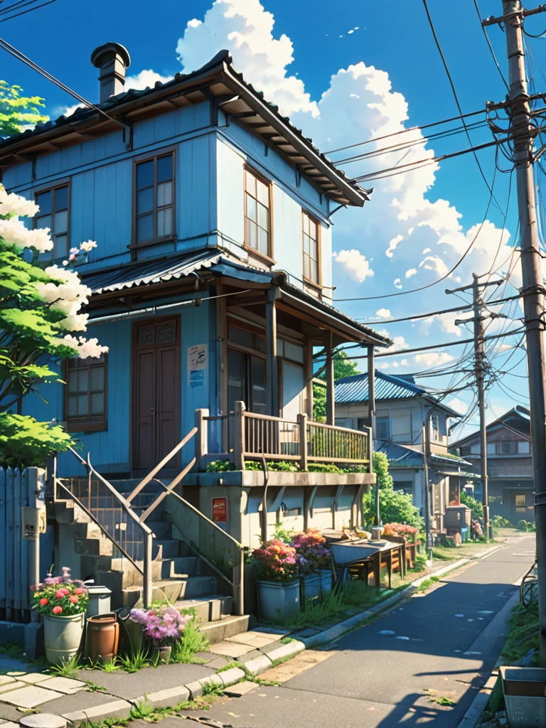 very cozy little place, hyper realism, (anime Makoto Shinkai:0.4), old shabby house in city street, home wiring, outdoors, sky, cloud, day, scenery, tree, blue sky, building, sign, wires, railing, wide shot, utility pole, town, wilderness, flowers, a lot of utensils lying around in a mess