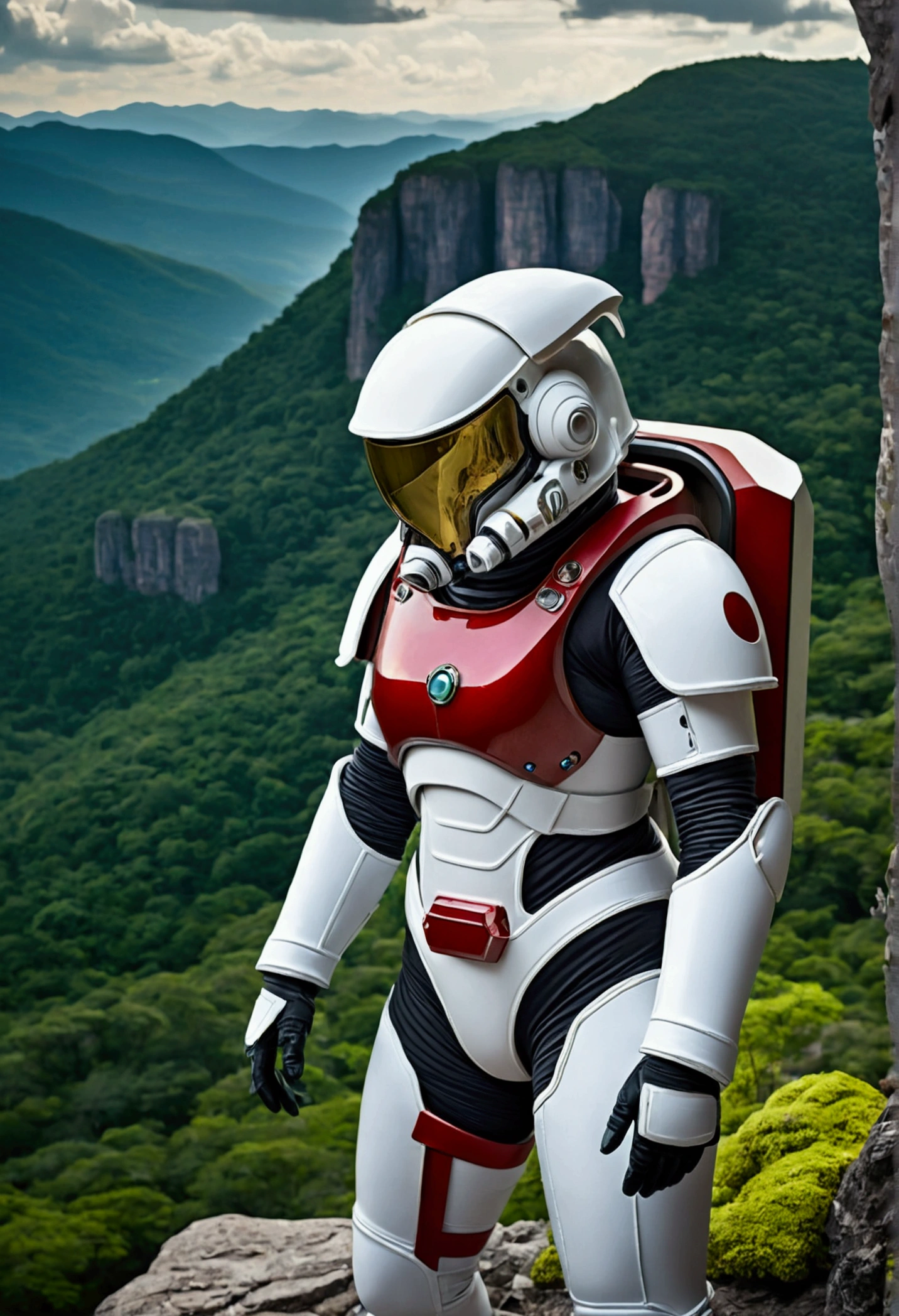 (35mmstyle:1.2), Highly detailed original color photos, Rear Angle, whole body, af (Female space marine, Wearing a white and red spacesuit, Futuristic helmet, Tin plated mask, Rebreathers, accentuated booty), Outdoor, (Stand on the cliffs of the tall Rocky Mountains, Gaze out over the magical lush green rainforest on an alien planet), Vivid details, (Alien Planet), Toned body, Big Ass, (sci-fi movie), (Mountains:1.1), (lush green vegetation), (two moons in sky:0.8), (Highly detailed, Ultra Detailed, Complex), (lens flare:0.7), (bloom:0.7), Particle Effects, Ray Tracing, Sensational lighting, Shallow depth of field, photographed on a Sony a9 II, 35mm wide angle lens, Sharp focus, 《Gravity 2013》Stills, View from behind, Dynamic Angle