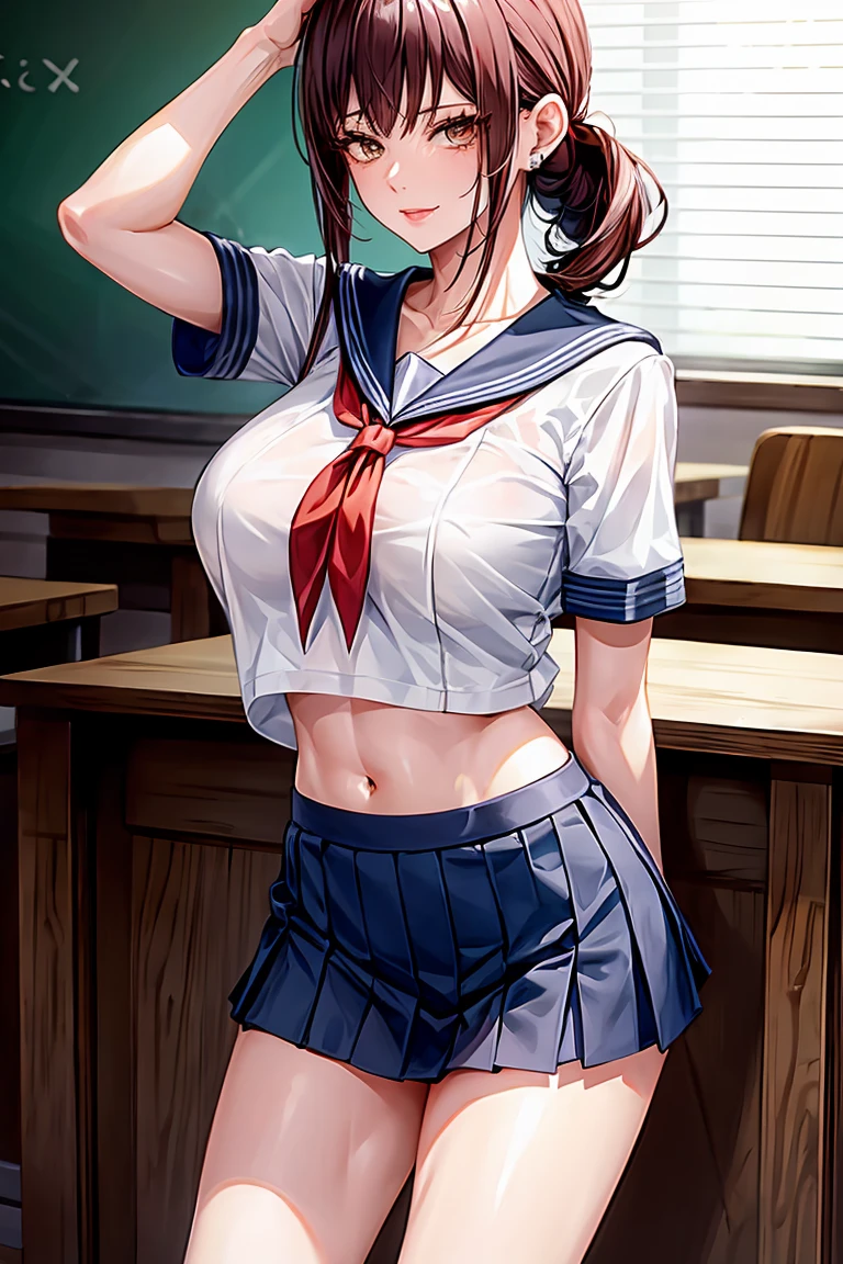 Makima (Chainsaw Man), woman, sexy woman, mature female, mommy, sharp eyes, detailed lips, big breast, short sleeves sailor uniform, sexy pose, classroom, teasing smile, seductive lips, adjusting hair, short skirt, hunter eyes, earrings , high pony tail , full body image, midriff peek