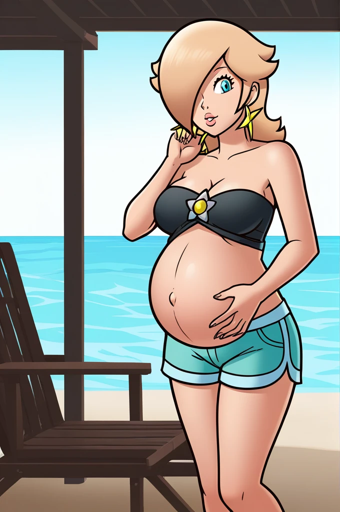 score_9, score_8_up, 1girl, solo, rosalina, style parody, thick outlines, black bikini, shorts, pregnant belly, sleeveless, strapless, cleavage, indoors, beach, front view