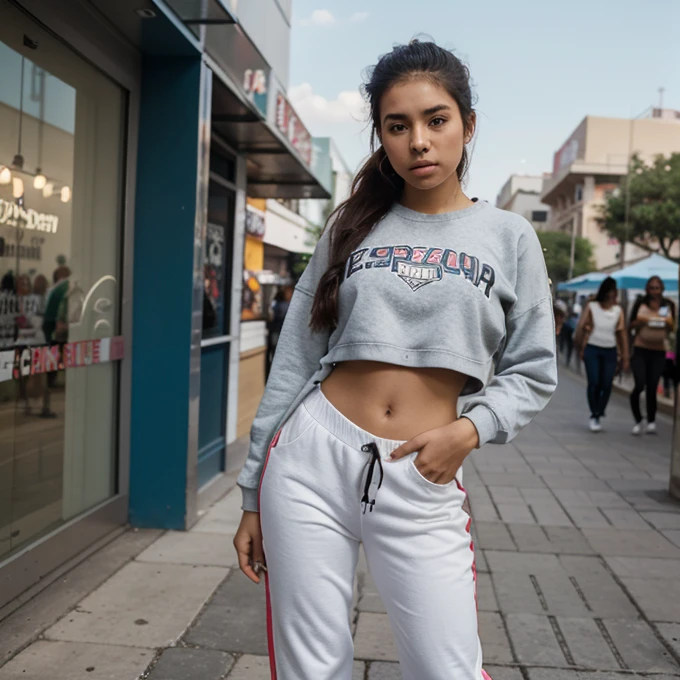 17 year old girl, mexican,slim build, Height 1.69 meters, with hip hop clothes, beauty, with a somewhat voluminous body, fully dressed in pants and sneakers with a sweatshirt, estilo hip hop en una plaza mexican en una competencia de rap