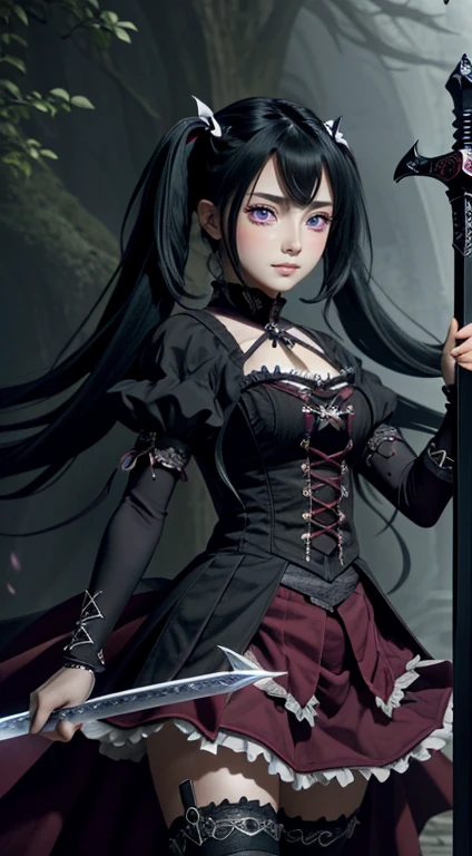 (Best Quality), dark fantasy, big sword, magical girl, Gothic, twin tails, realist, ultra detailed, High Definition, cheered up,
