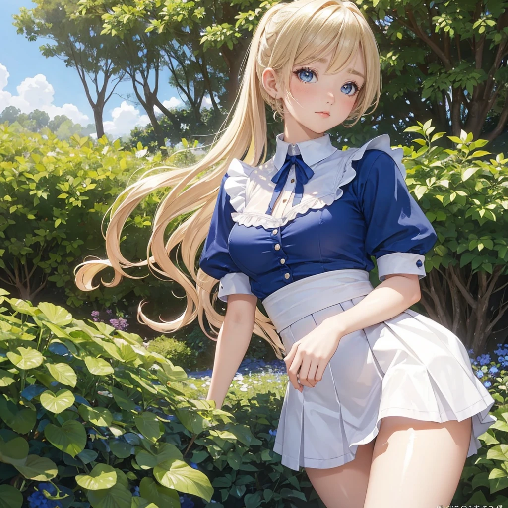 (masterpiece:1.2), (highest quality:1.2),, Curvy but slender body, perfect eyes, perfect face, perfect lighting, 1 girl, in the garden, （blouse），（mini skirt），（maid），（ponytail），curly hair, fine clothes, detailed outdoor background, compensate, eye shadow, thick eyelashes, fantasy, looking at the viewer, whole body、blue sky、Bright and very beautiful face、young shiny glossy white shiny skin、the best beauty、the most beautiful bright blonde hair in the world、thin hair、long hair、Shining beautiful bangs、big shining blue eyes、Very beautiful and lovely 18 years old, the most beautiful girl in the world、small breasts