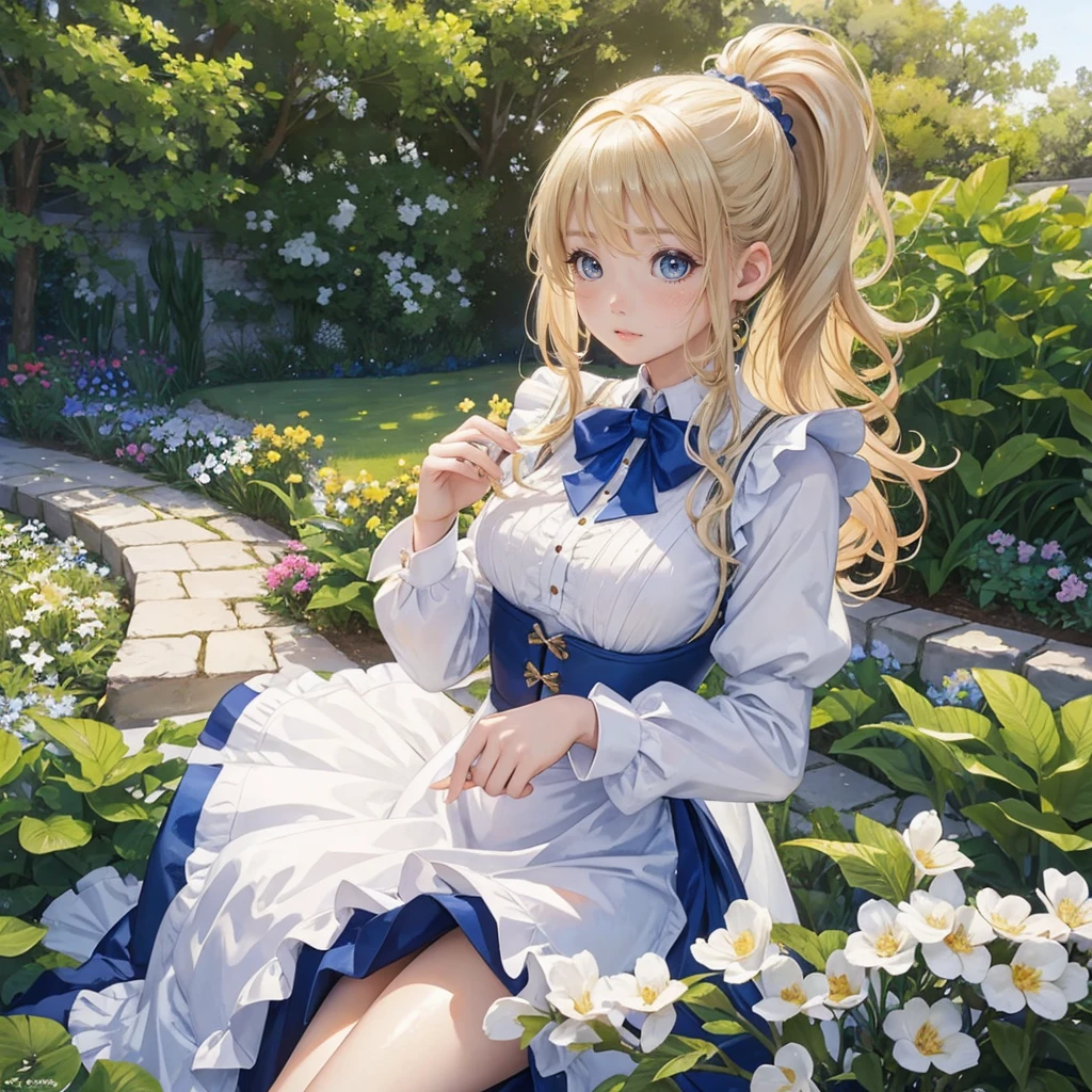 (masterpiece:1.2), (highest quality:1.2),, Curvy but slender body, perfect eyes, perfect face, perfect lighting, 1 girl, in the garden, (blouse),(mini skirt),(maid),(ponytail),curly hair, fine clothes, detailed outdoor background, compensate, eye shadow, thick eyelashes, fantasy, looking at the viewer, whole body、blue sky、Bright and very beautiful face、young shiny glossy white shiny skin、the best beauty、the most beautiful bright blonde hair in the world、thin hair、long hair、Shining beautiful bangs、big shining blue eyes、Very beautiful and lovely 18 years old, the most beautiful girl in the world、small breasts
