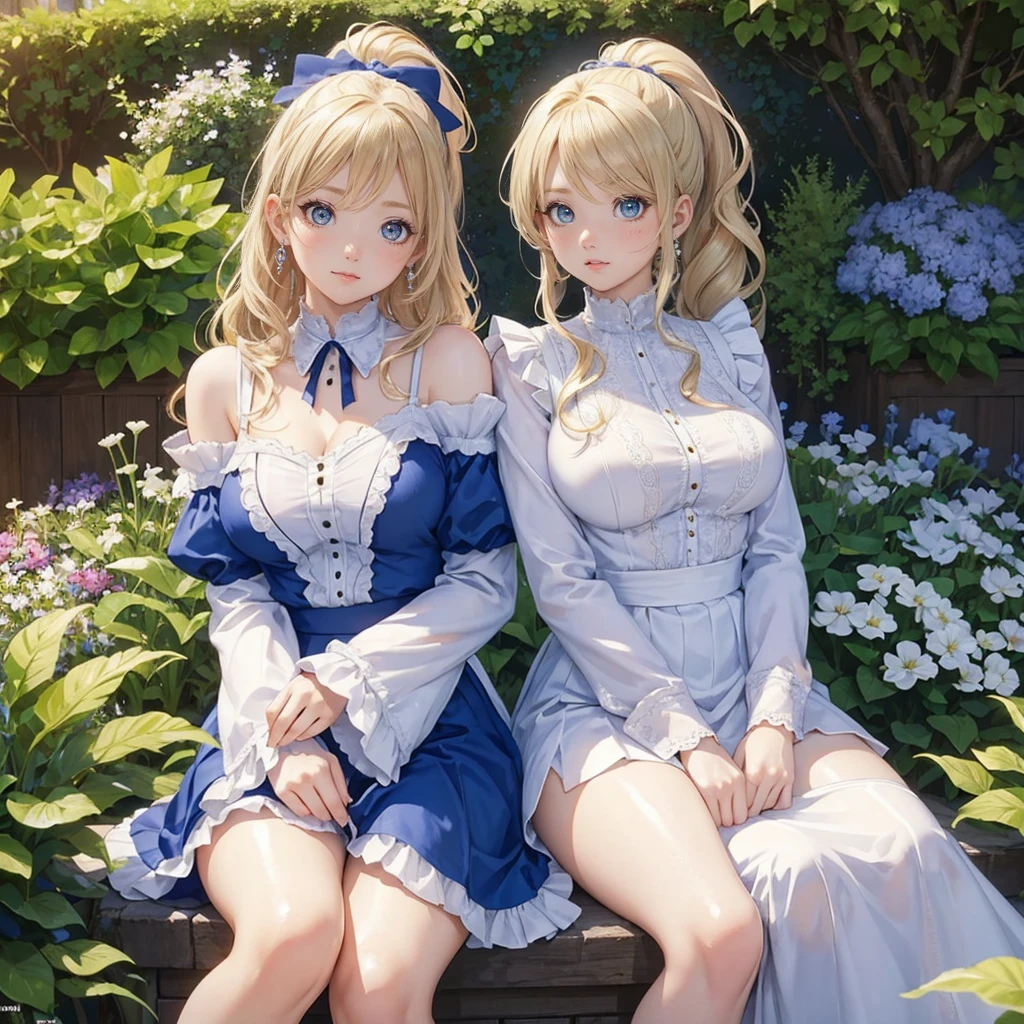 (masterpiece:1.2), (highest quality:1.2),, Curvy but slender body, perfect eyes, perfect face, perfect lighting, 1 girl, in the garden, (I can see your chest),(ribbon),(knitted sweater),(full body shot),(long skirt),(cute gesture),curly hair, fine clothes, detailed outdoor background, compensate, eye shadow, thick eyelashes, fantasy, looking at the viewer, whole body、blue sky、Bright and very beautiful face、young shiny glossy white shiny skin、the best beauty、the most beautiful bright blonde hair in the world、thin hair、long hair、Shining beautiful bangs、big shining blue eyes、Very beautiful and lovely 30 years old, the most beautiful adult in the world、small breasts