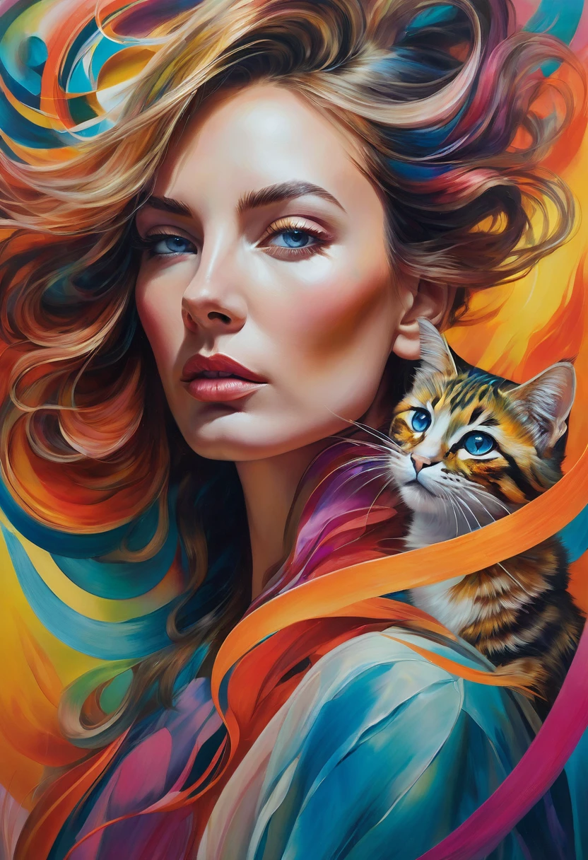 Manon Biernacki-style painting, woman with feline features, surrounded by a swirl of colorful, abstract forms, mid-motion as if caught in a gust, expressive eyes capturing emotion, high saturation, focus on texture of fur and skin, dynamic brushstrokes, vibrant, hyperreal, captivating surreal portrait, dramatic lighting, ultra fine detail