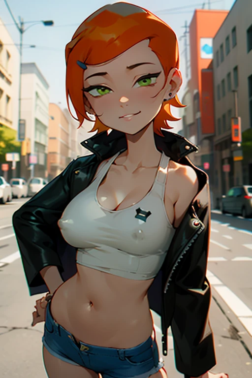 (masterpiece), Best Quality, ultra detailed, 1 girl (Gwendolyn_Tennyson, old, Orange hair, short hair, green eyes, half closed eyes), a seductive face, evil smile, Chapped lips, in front of the viewer, looking at the viewer, Alone, black jacket, leather jacket,naked, un hombro naked, white tank_above, neckline, belly button, denim shorts, outdoor, Street, standing, Sexy waist teasing , A provocative pose, (big breasts)