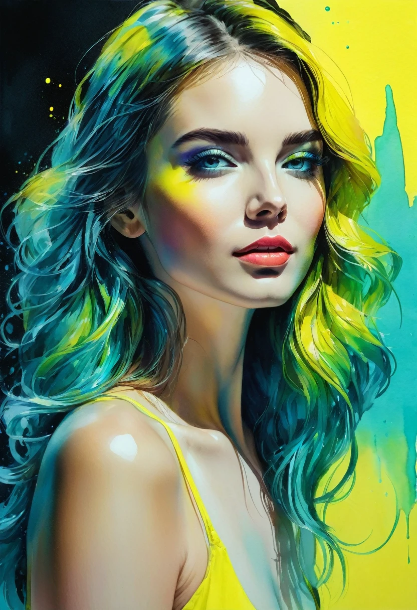 watercolor painting of a beautiful woman in a neon, High detail, portrait, light studio, colorful, high precision, strong, classic, water color ink, yellow and turquoise, ultra clear
